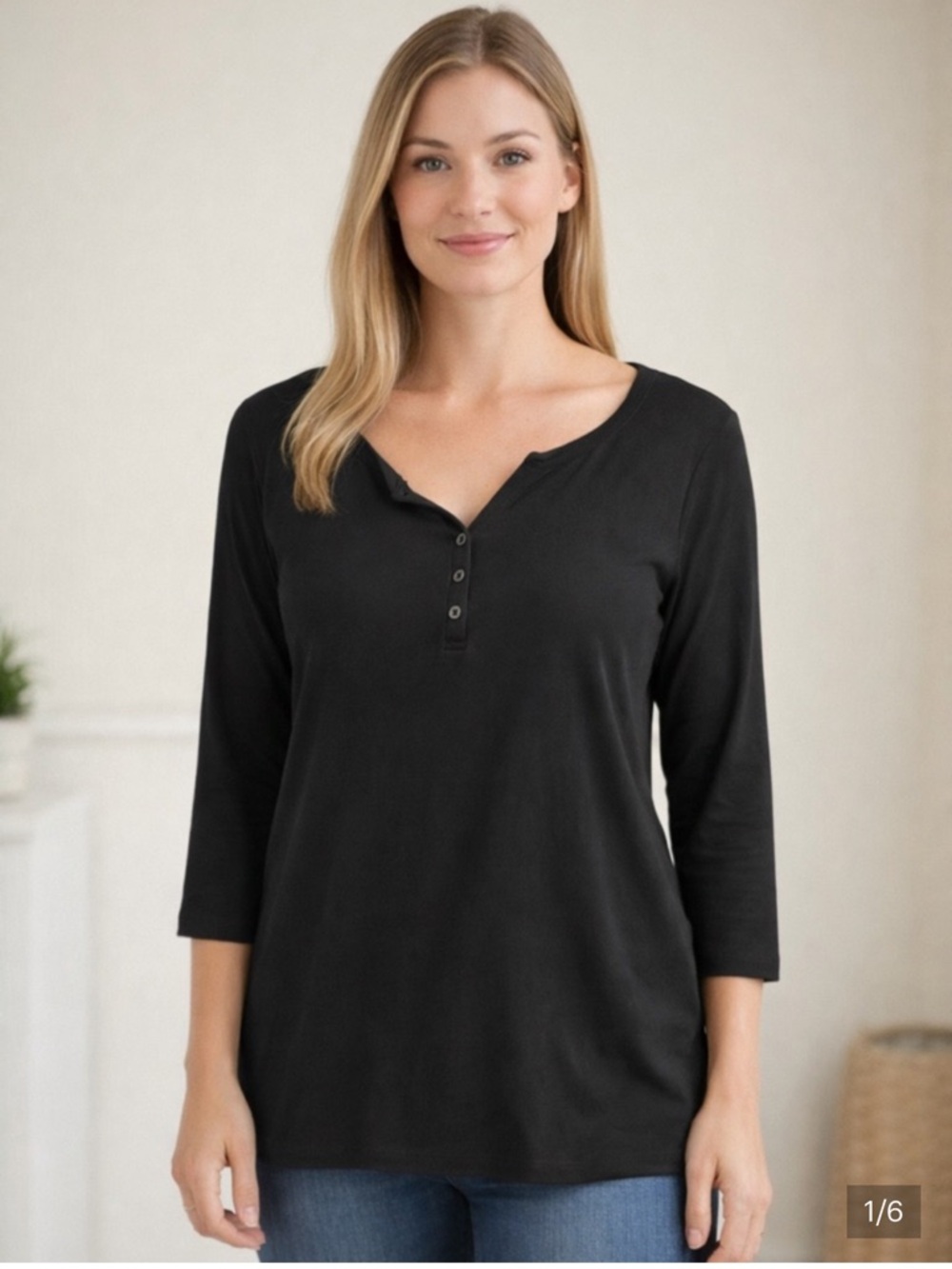 Karen Scott Black Henley Top Size M 3/4 Sleeve Casual Basic NWOT